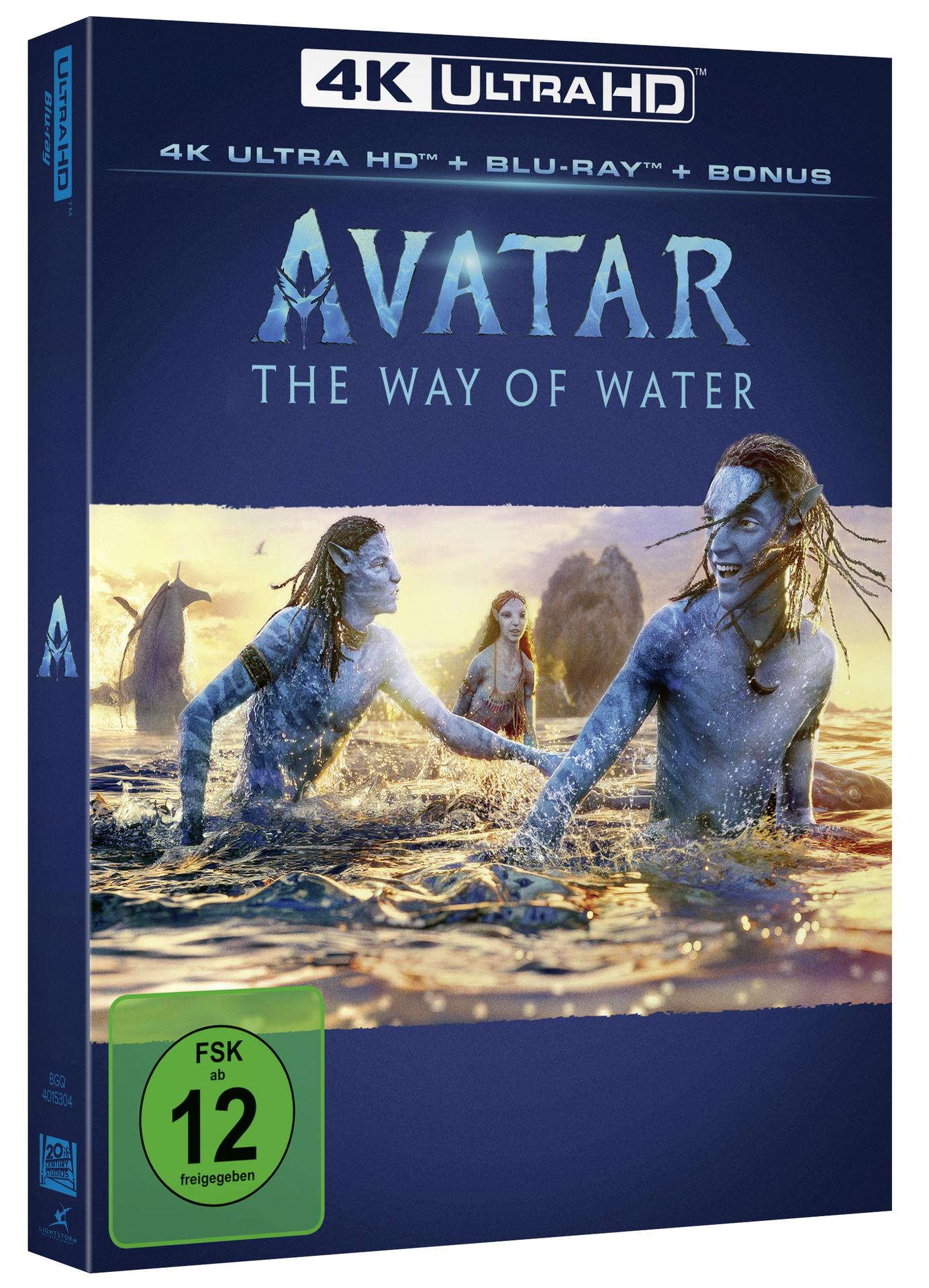 Blu-ray-Box für 'Avatar: The Way of Water' mit Na'vi-Charakteren im Wasser.
