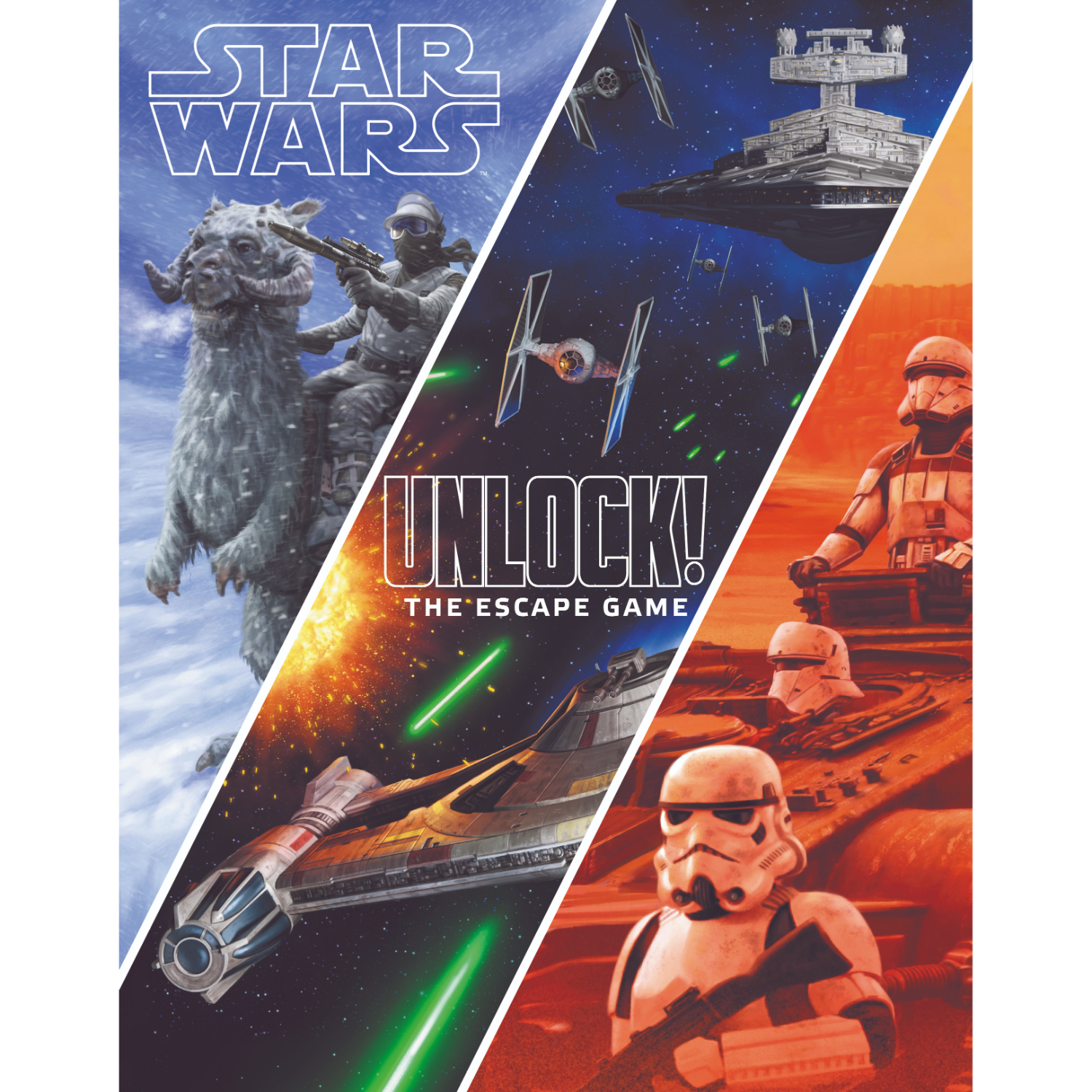 Een Star Wars-thema Unlock! escape game box met afbeeldingen van personages en ruimteschepen.