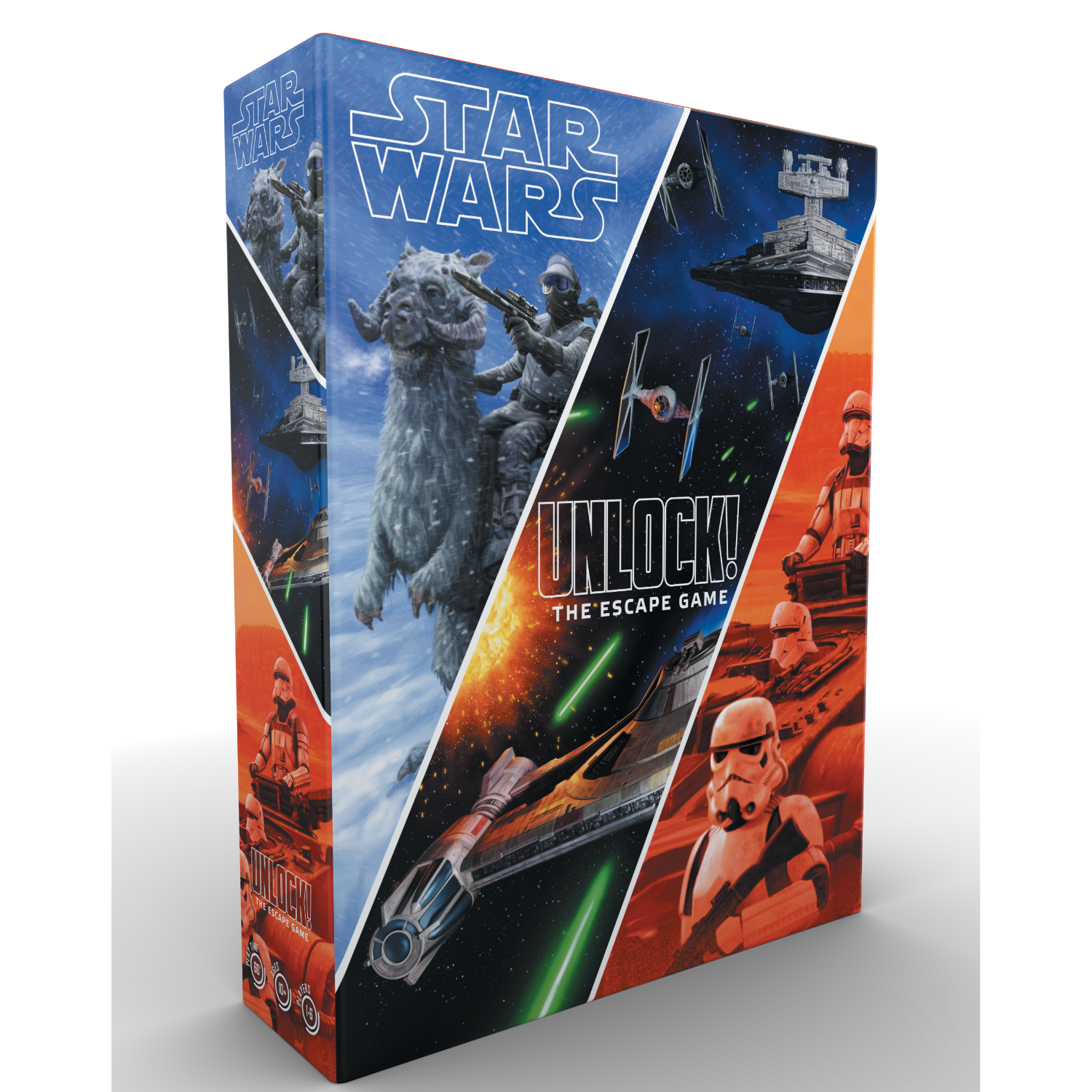 Star Wars-spelbox met verschillende scènes. De doos is rechthoekig.