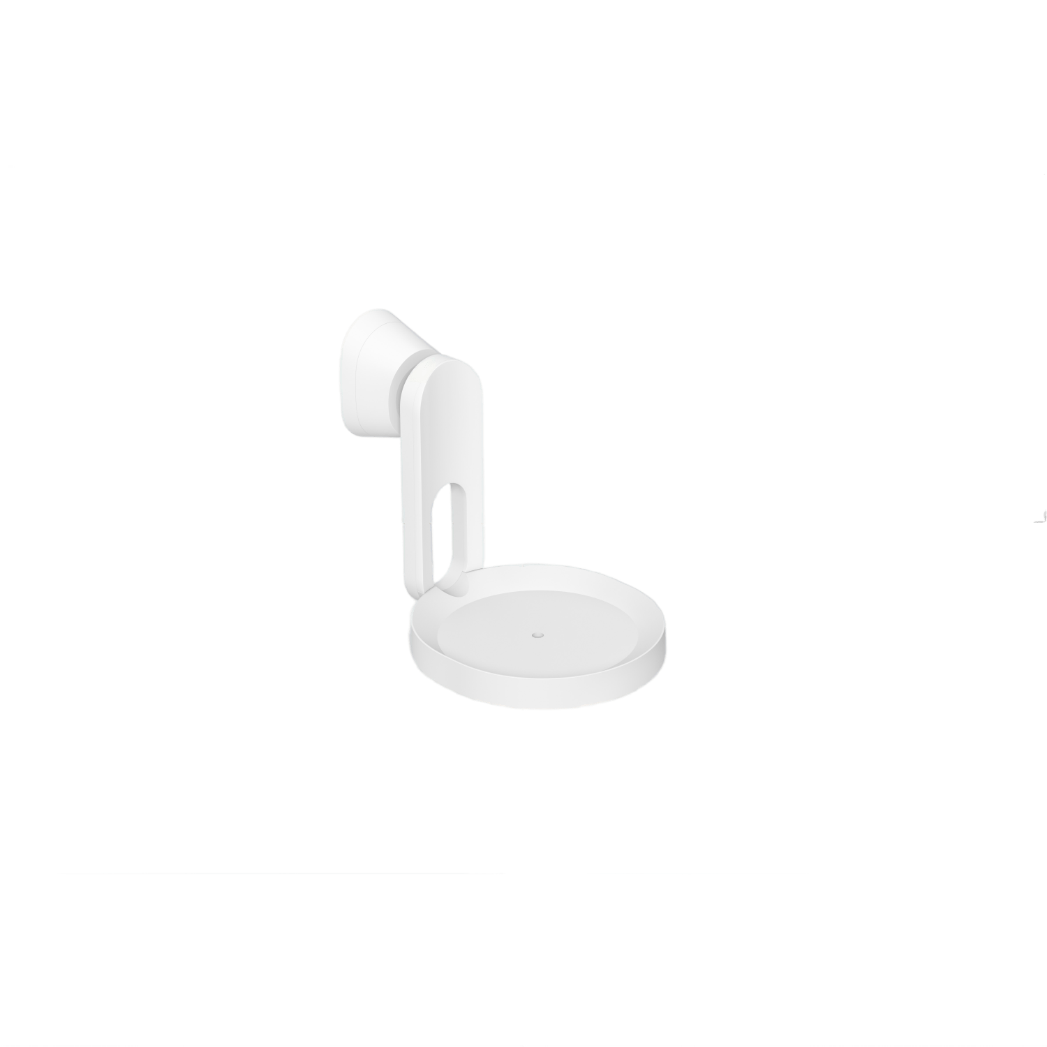 A white wall mount for a speaker. It has a round base and a curved arm.