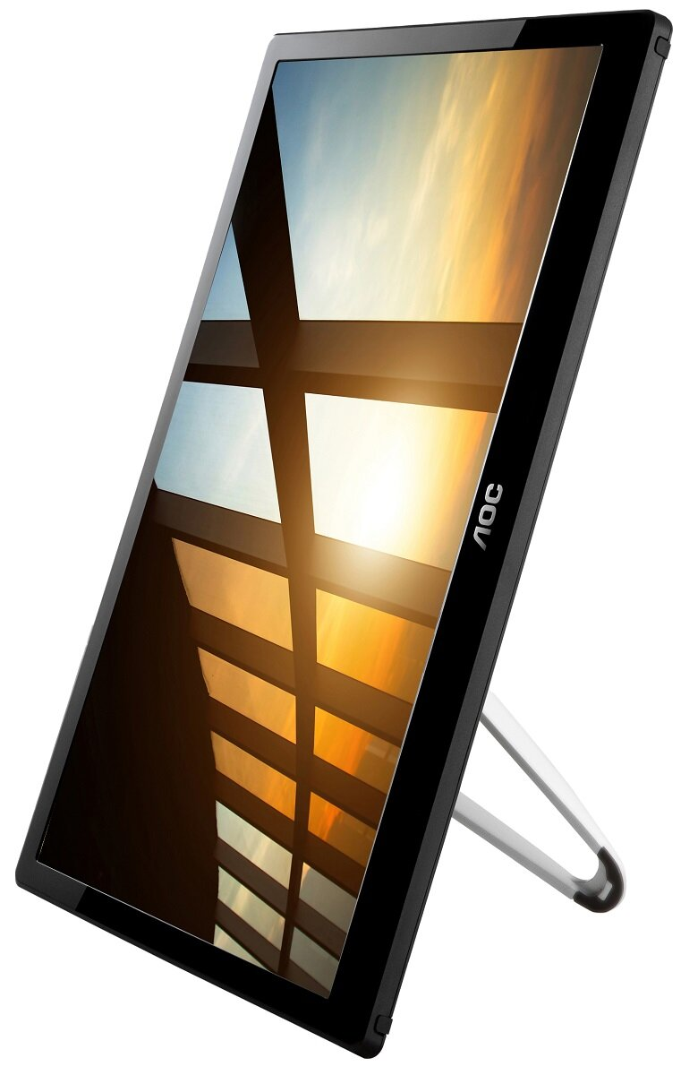 Czarny monitor z białą podstawą, pod kątem, wyświetlający zachód słońca.