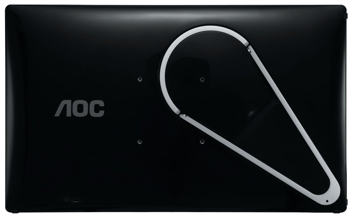Czarny monitor, widok z tyłu, z białym, zakrzywionym elementem i logo „AOC”.