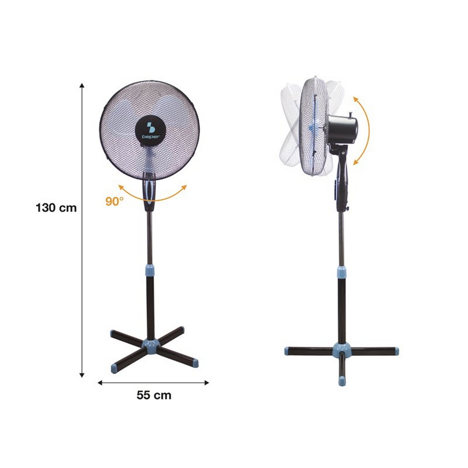 Deux ventilateurs sur pied, une vue latérale avec dimensions, une vue de face avec angle des pales.