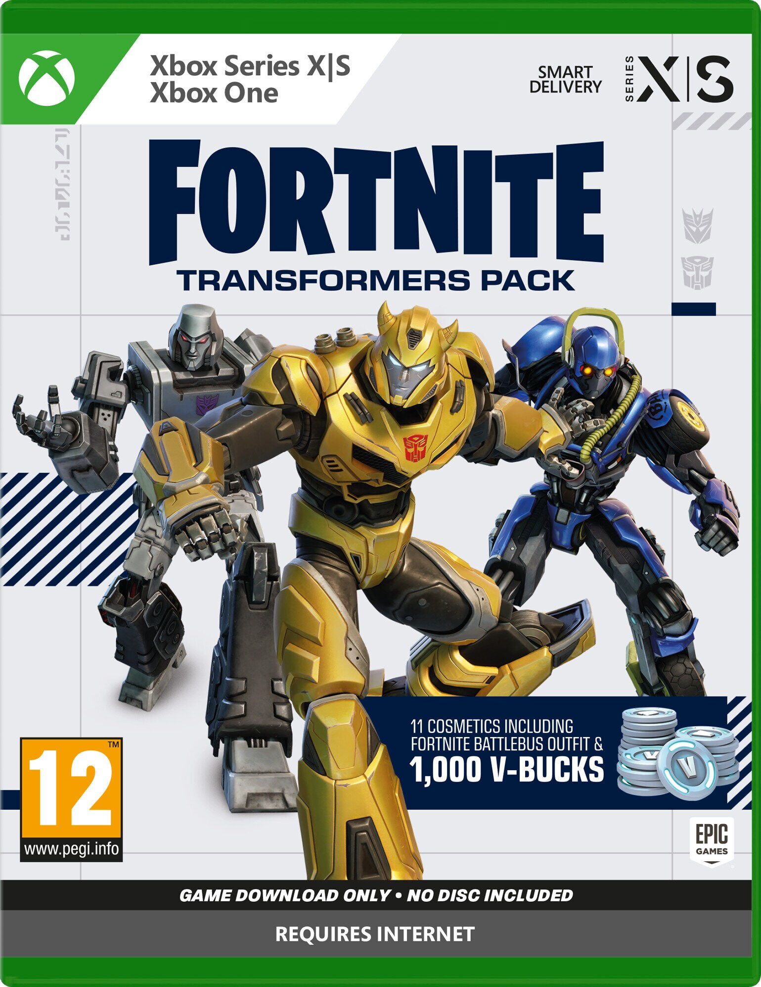 Pudełko gry Fortnite Transformers Pack, z postaciami robotów i szczegółami gry.
