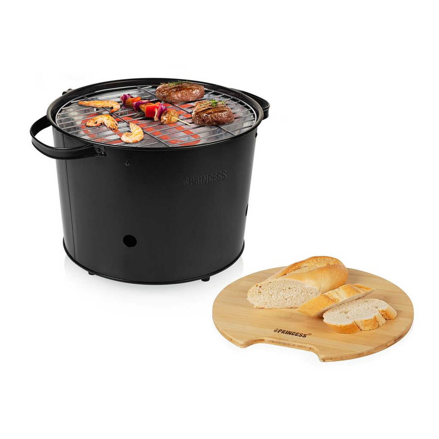 Zwarte grill met eten en een houten snijplank met brood. Princess logo.