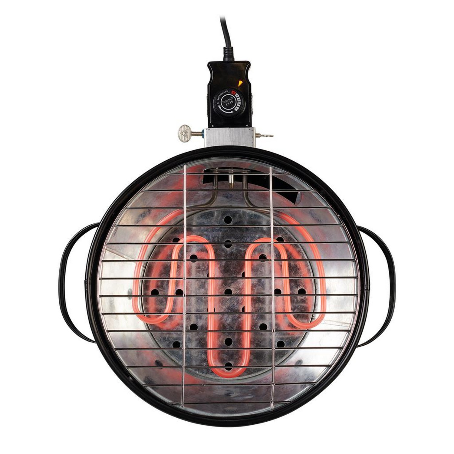 Overzicht van een elektrische grill met rood verwarmingselement, geïsoleerd.