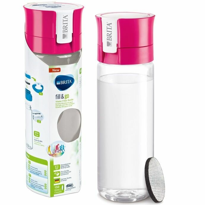 Różowa butelka na wodę Brita z białą pokrywką. Opakowanie po lewej.