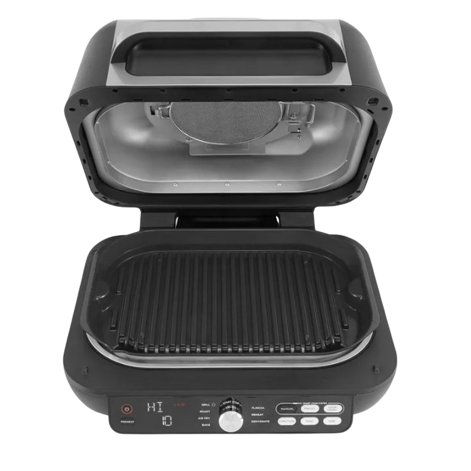 An open black indoor grill. The top is open, showing the heating element, and the bottom has ridges.