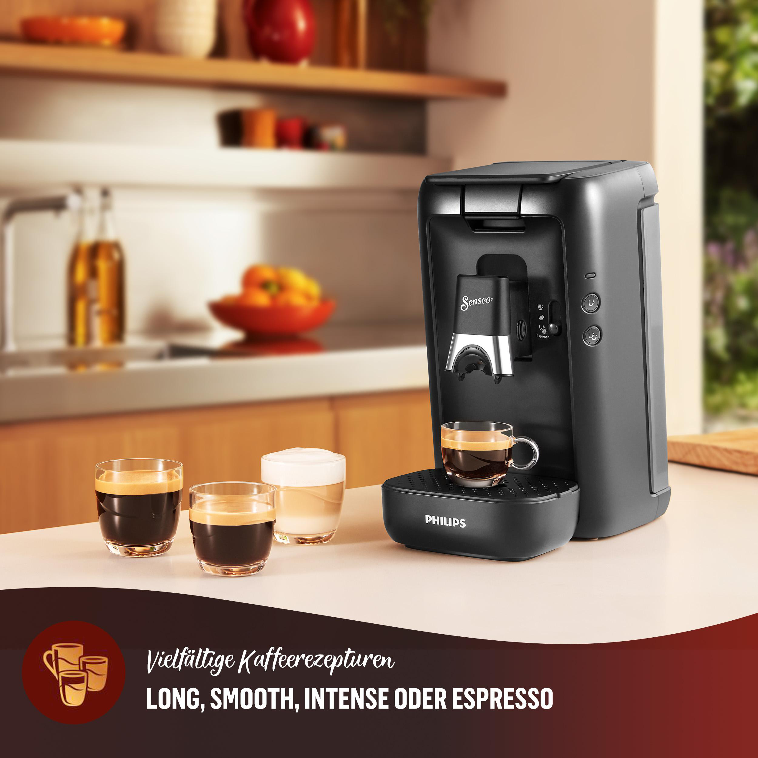 Schwarze Senseo Kaffeemaschine mit Kaffeetassen und Text darunter.