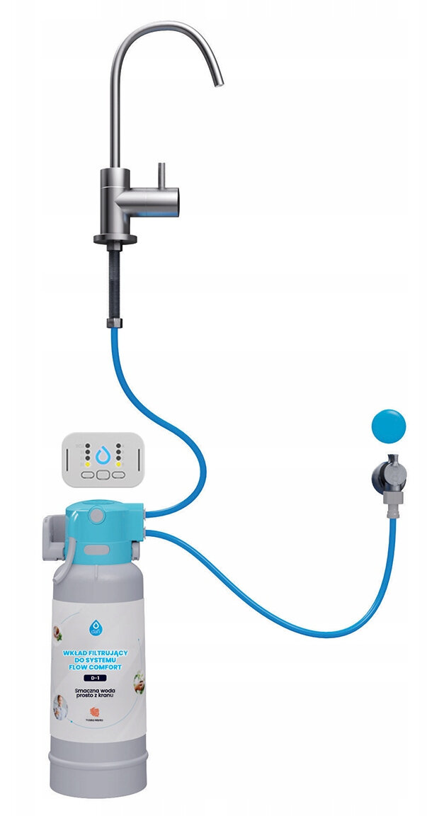 System filtra wody z kranem, filtrem, panelem sterowania i niebieskimi rurkami.