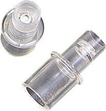 Dwa przezroczyste plastikowe złącza, jedno z górą, a drugie z rurką.