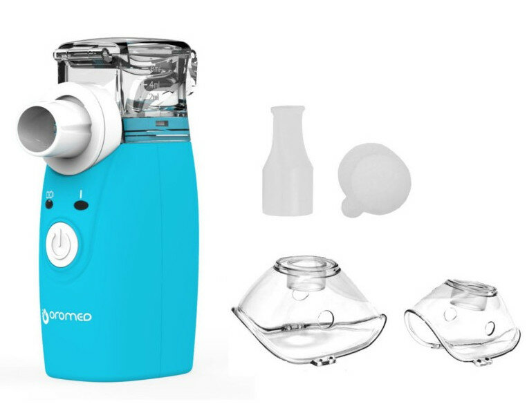 Niebiesko-biały nebulizator z dodatkowymi częściami, przeznaczony do stosowania w medycynie oddechowej.