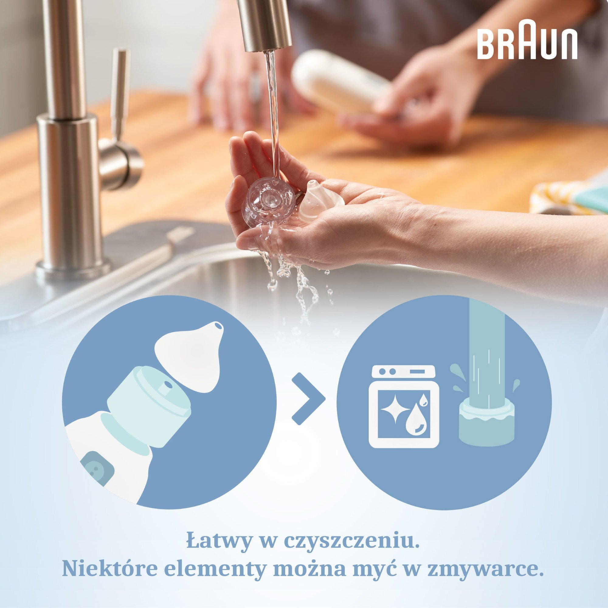 Ilustracja czyszczenia części butelki dla dziecka. Pokazano symbole kranu i zmywarki.