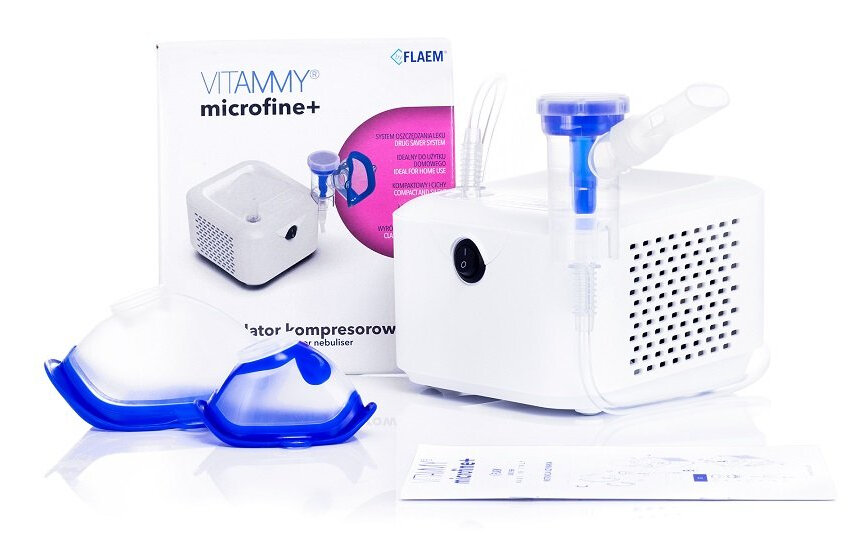 Biały nebulizator z akcesoriami i pudełkiem z napisem 'VITAMMY microfine+'.