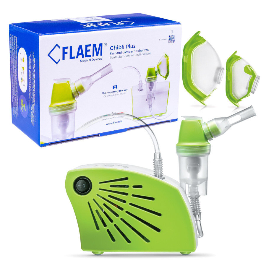 Nebulizator z zielono-białymi częściami, pudełkiem i maskami.