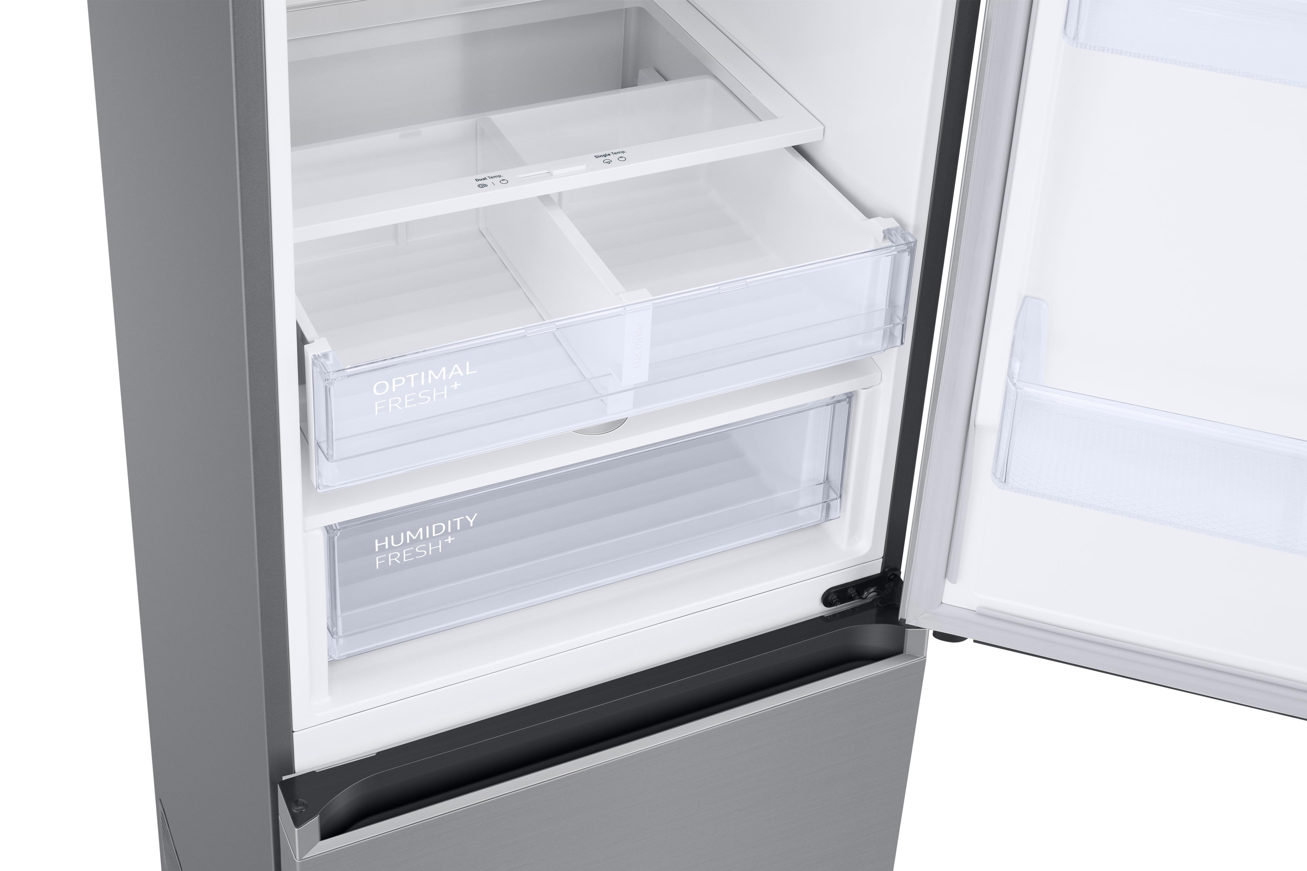 Nahaufnahme des Inneren eines Kühlschranks mit Schubladen, die mit 'Optimal Fresh+' gekennzeichnet sind.