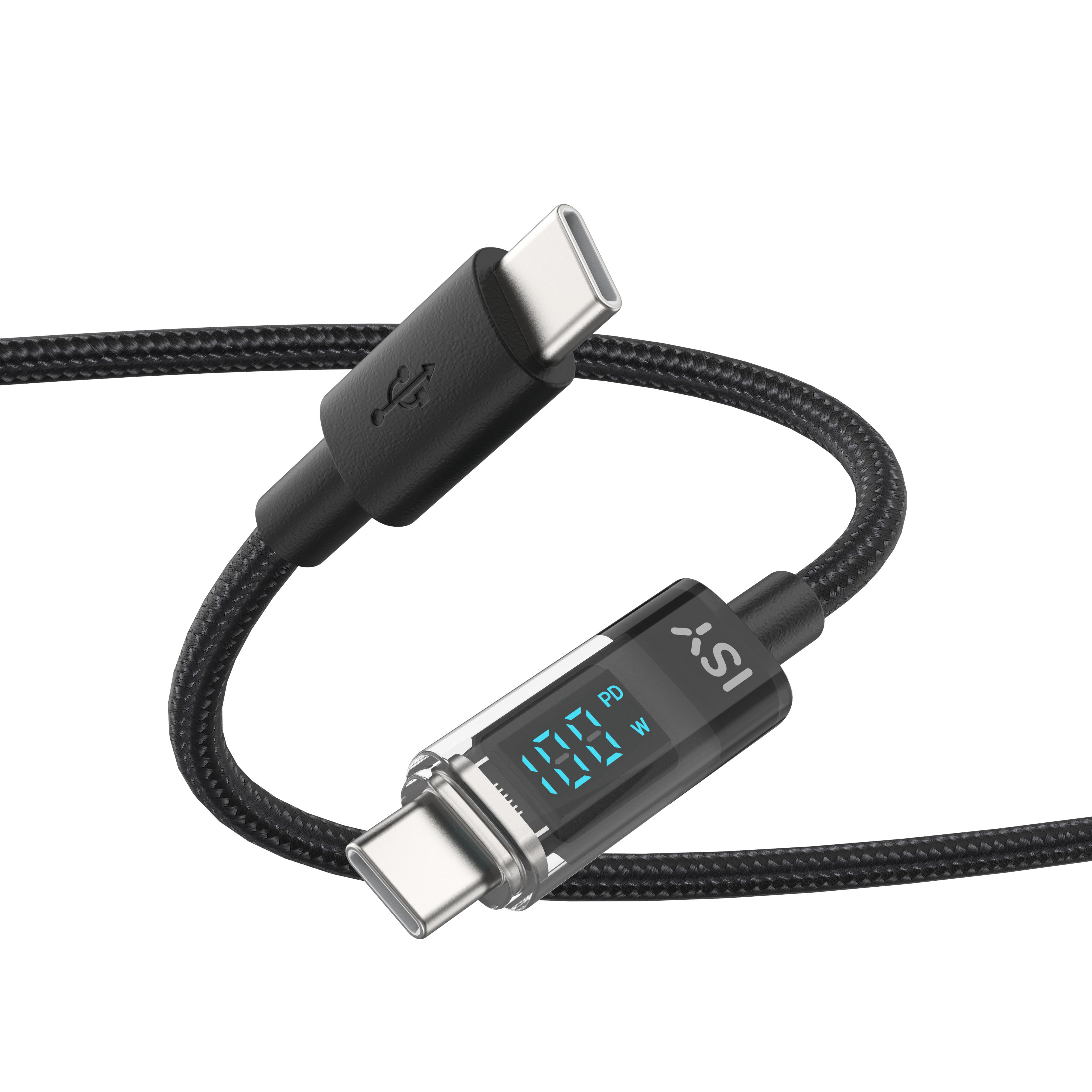 Schwarzes USB-C-Kabel mit Anzeige der Stromversorgung, auf weißem Hintergrund.