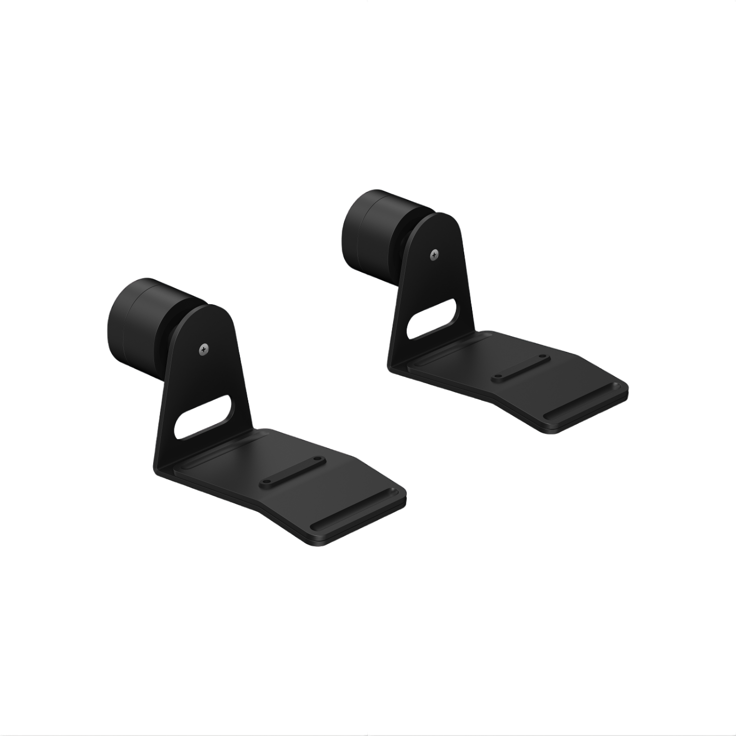Twee zwarte beugels voor een soundbar. De beugels staan op een zwarte achtergrond.