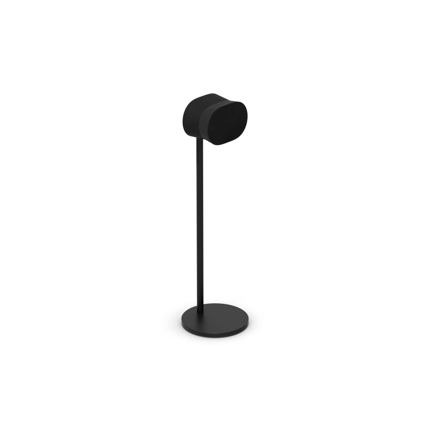 Black headphone stand with a rounded top and a circular base, isolated on white.