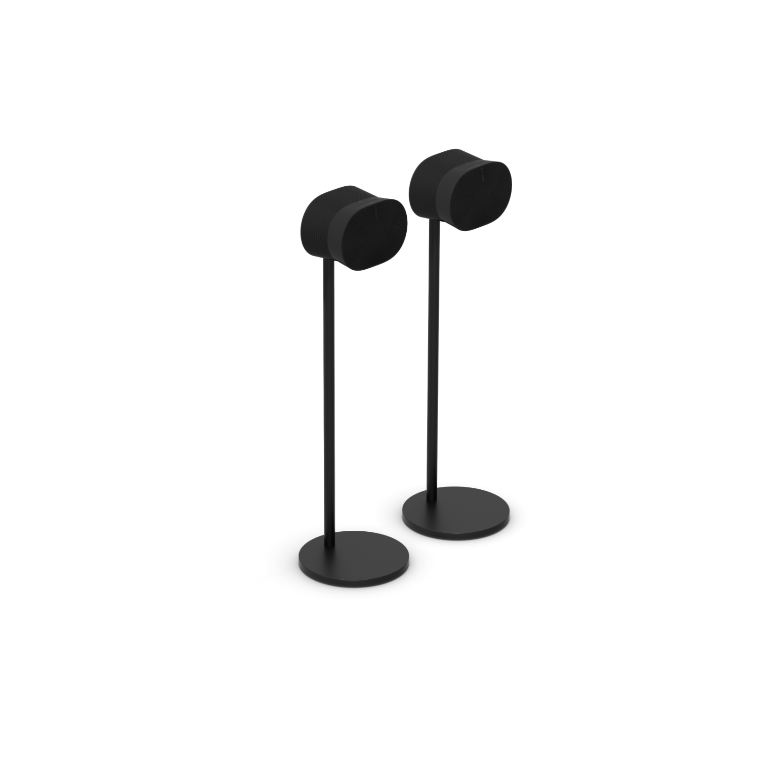 Two black speakers with black stands. The speakers are oval shaped.