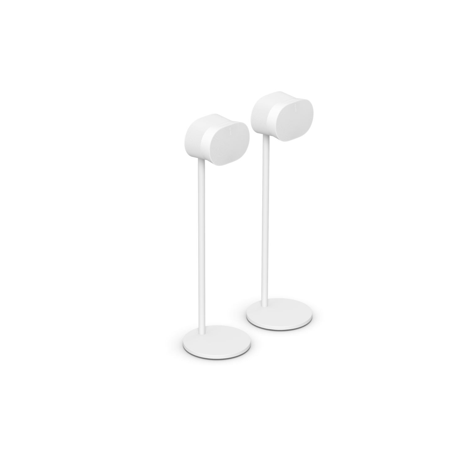 Two white speakers on white stands, on a white surface.
