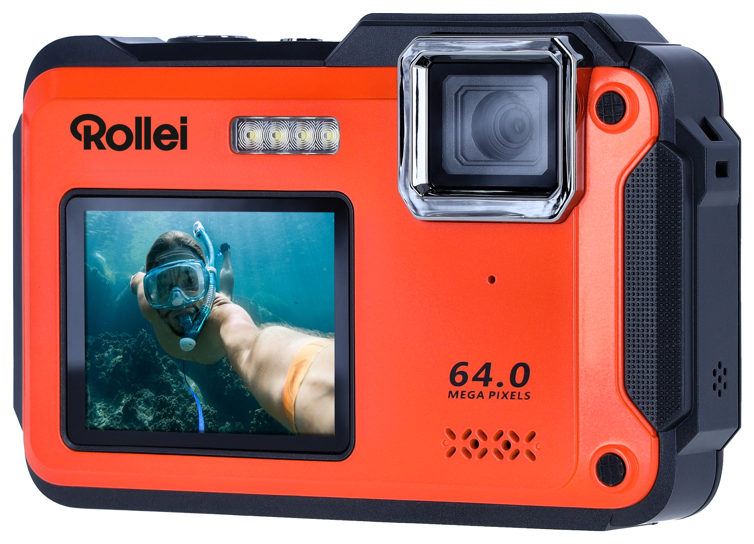 Eine orangefarbene Rollei-Kamera unter Wasser, die einen Taucher mit Maske aufnimmt.
