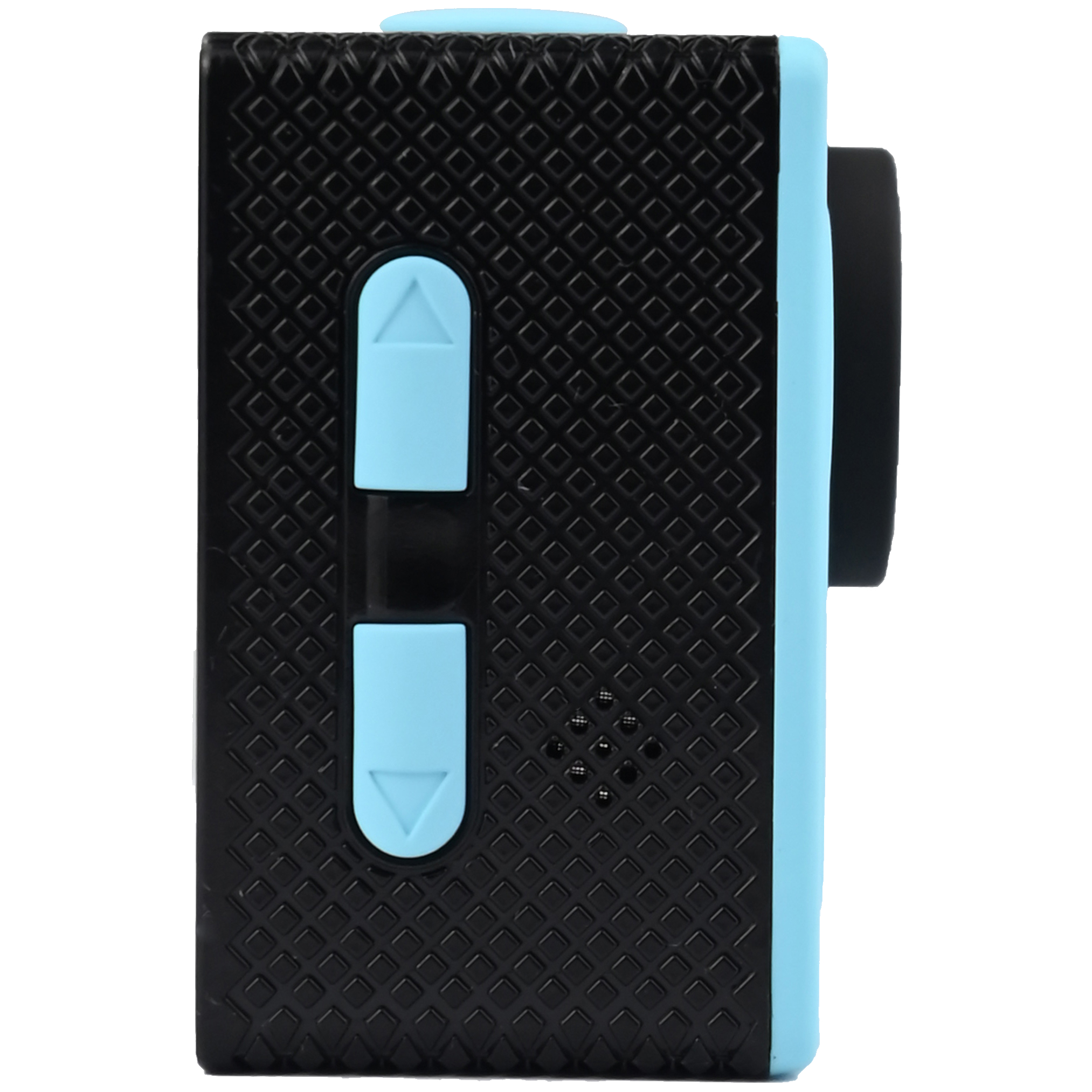 Schwarze und blaue Actionkamera mit Knöpfen und einer Linse.