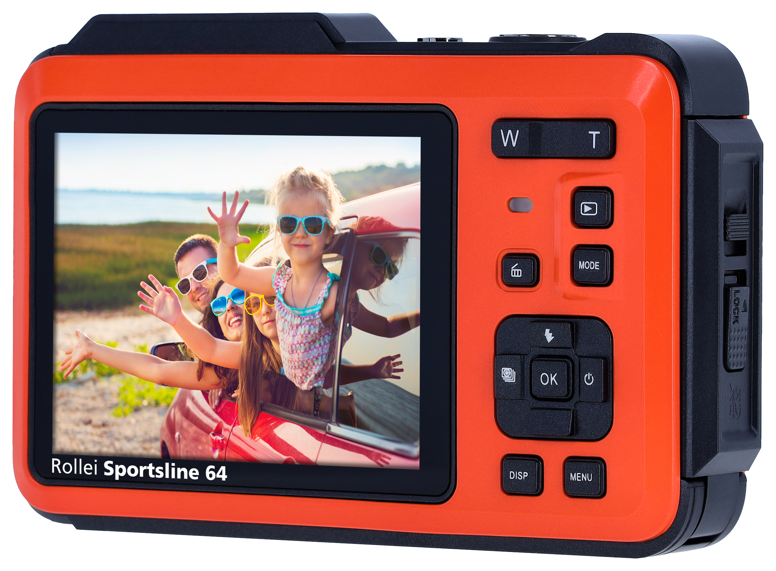 Eine orangefarbene Digitalkamera zeigt eine Familie im Auto auf dem Bildschirm. Die Kamera hat schwarze Bedienelemente.