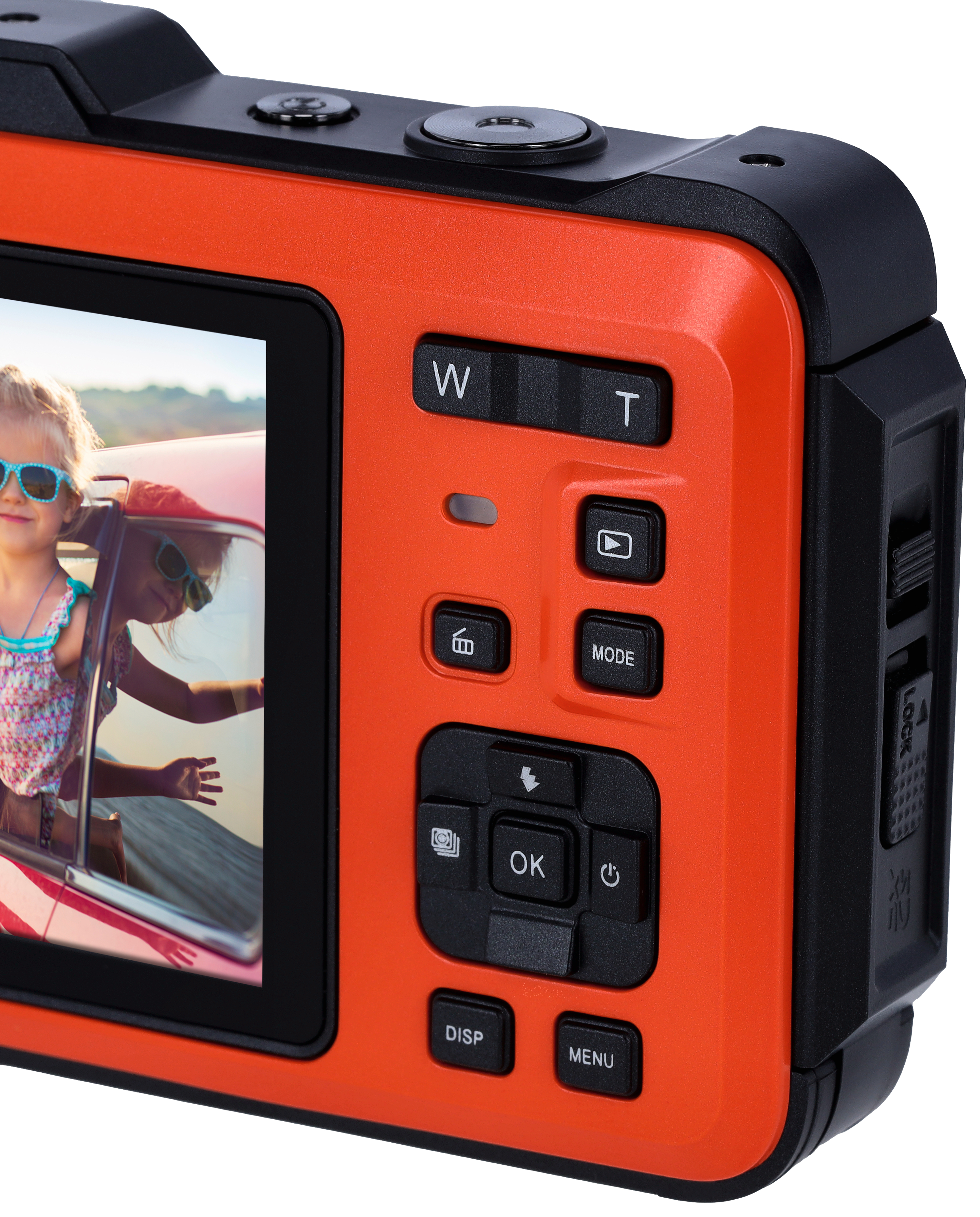 Orange Kamera mit Knöpfen und Bildschirm, zeigt zwei Mädchen im Auto.