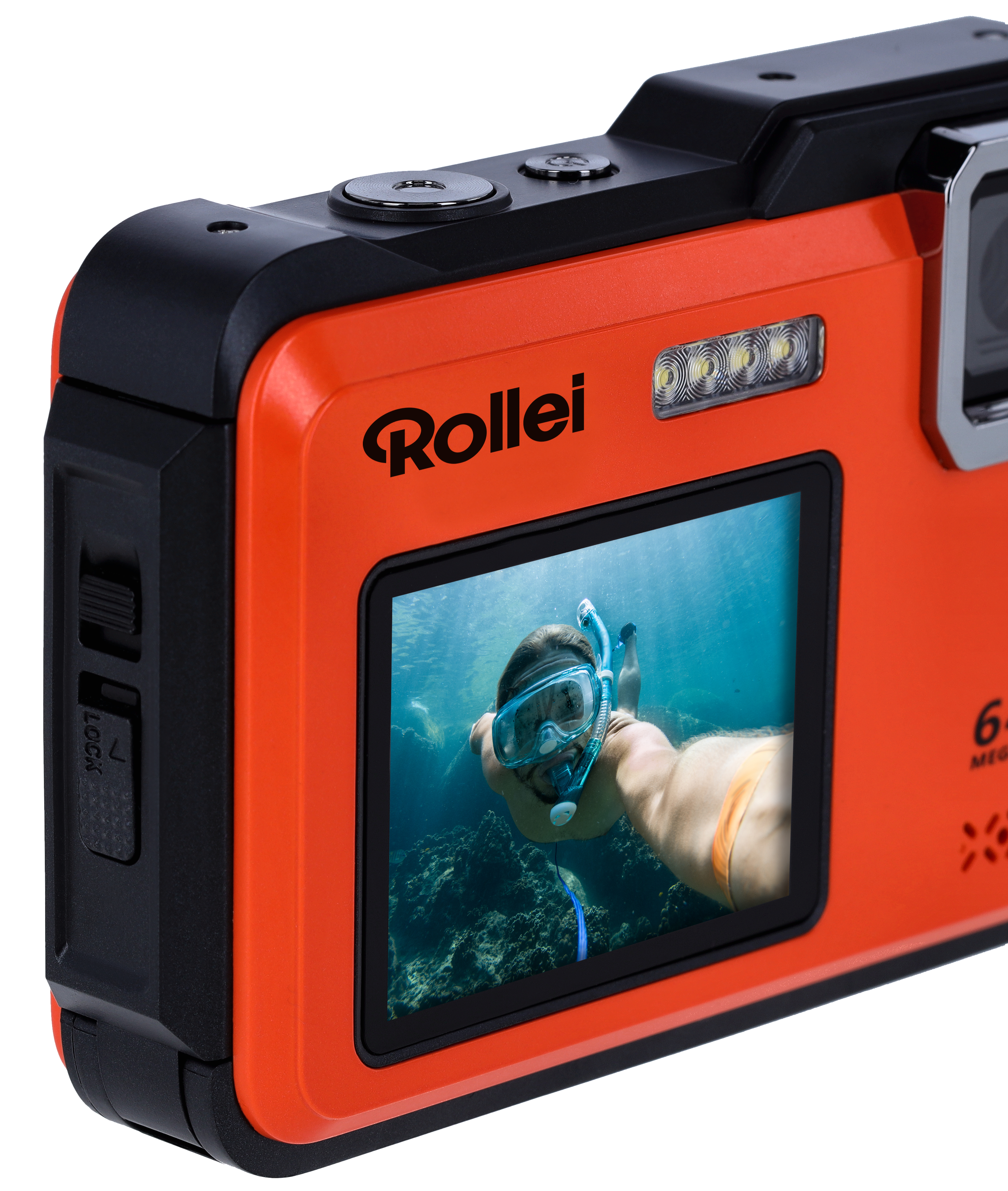 Eine orange und schwarze wasserdichte Kamera.