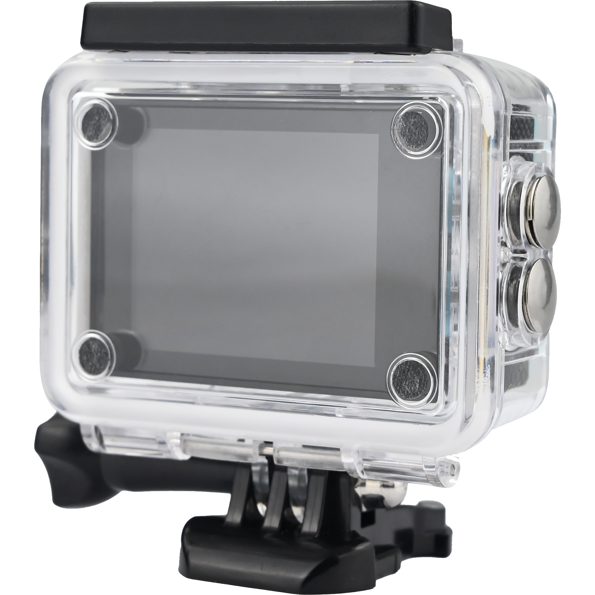 Ein transparenter wasserdichter Action-Kamera-Koffer mit Knöpfen, einem Bildschirm und Befestigungsmaterial.