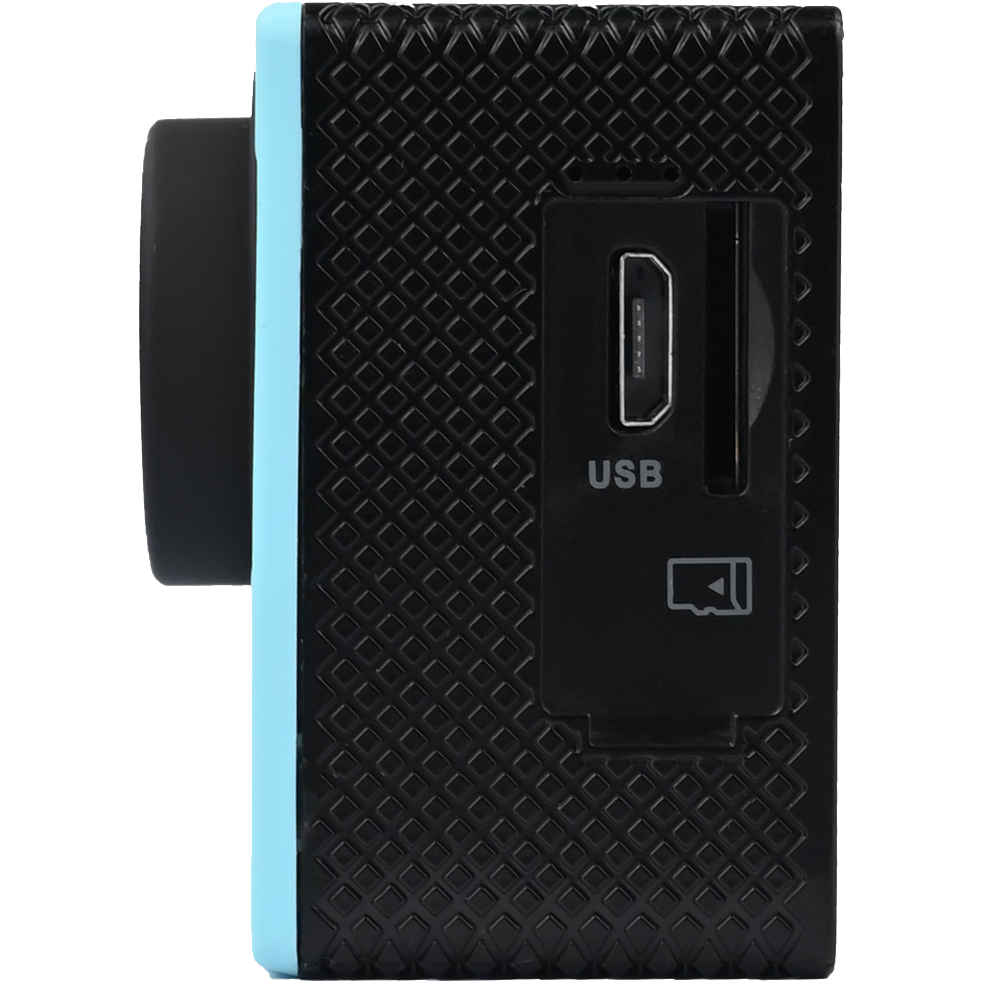 Schwarze und blaue Action-Kamera mit Objektiv an der Seite. USB-Anschluss und Kartensteckplatz sichtbar.