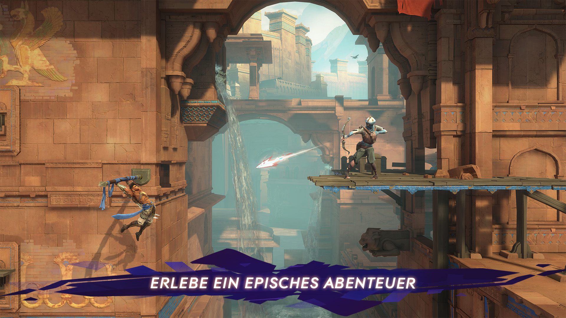 Zwei Figuren in einer Spielszene mit einem Bogenschützen und einem Schwertkämpfer auf einem Gebäude mit Text.