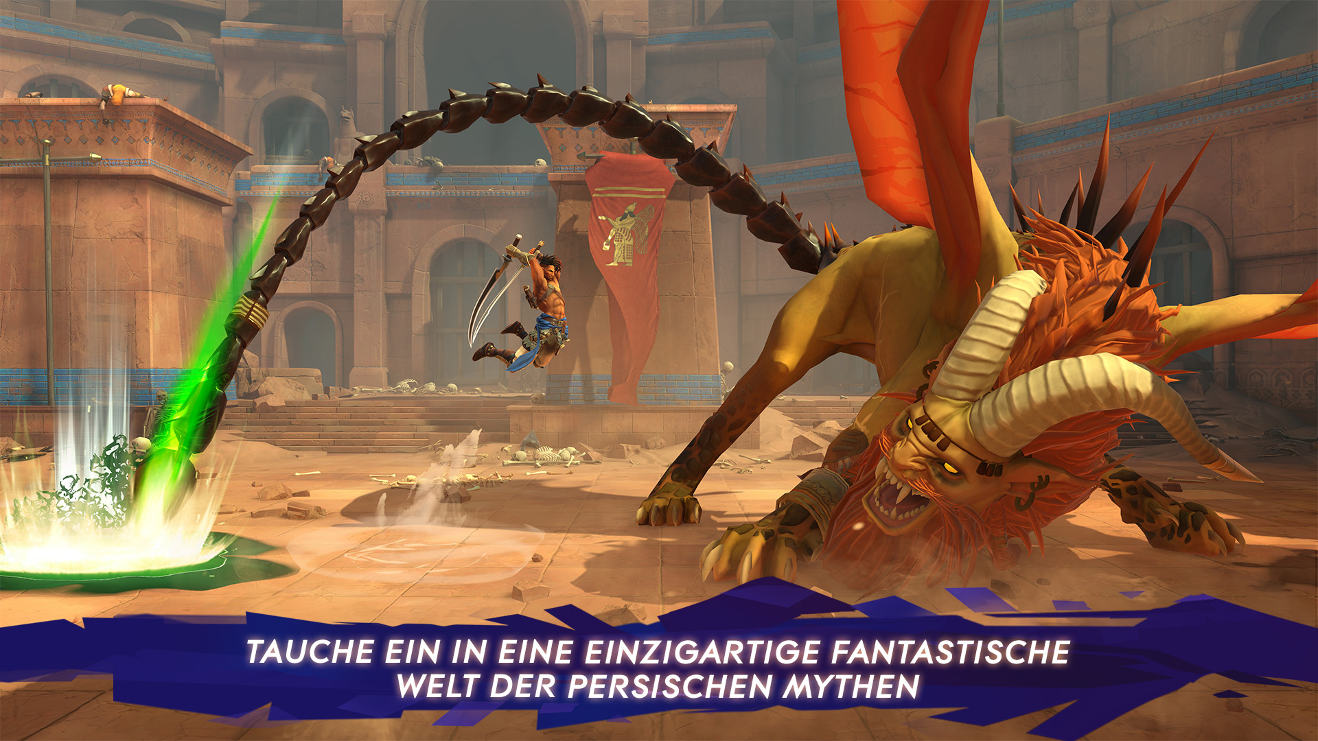 Eine Spielszene mit einem Krieger, der in einer Fantasy-Umgebung gegen einen Drachen kämpft. Text-Overlay.