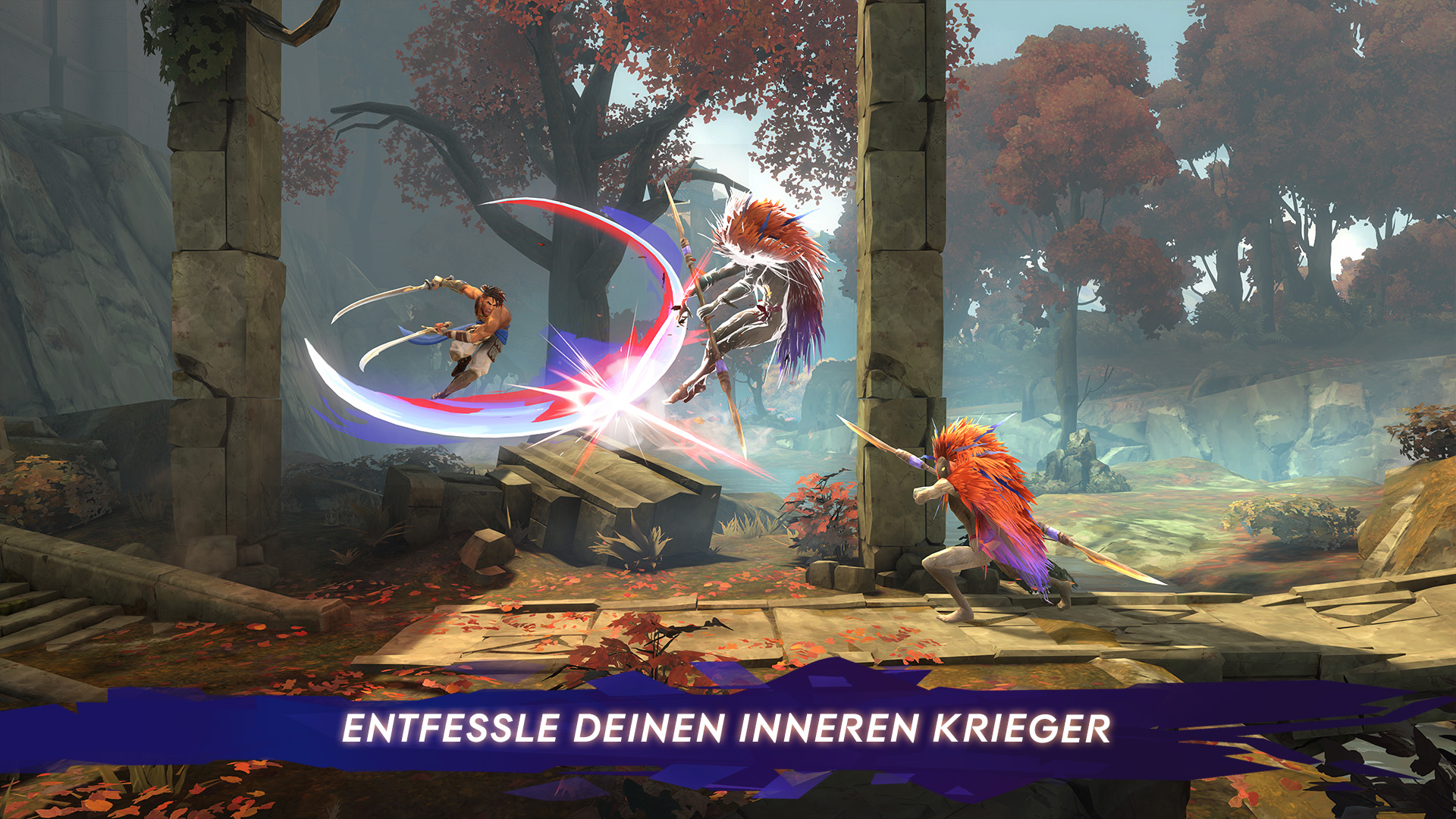 Spielszene mit zwei Charakteren, die mit Schwertern kämpfen. Waldhintergrund mit orange-roten Bäumen.