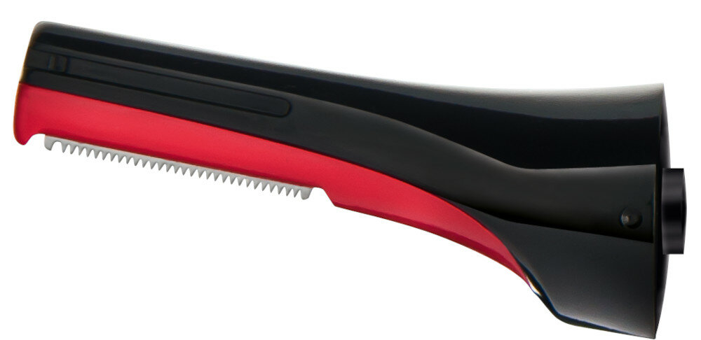 Czarna i czerwona żyletka z ząbkowaną krawędzią, na białym tle.