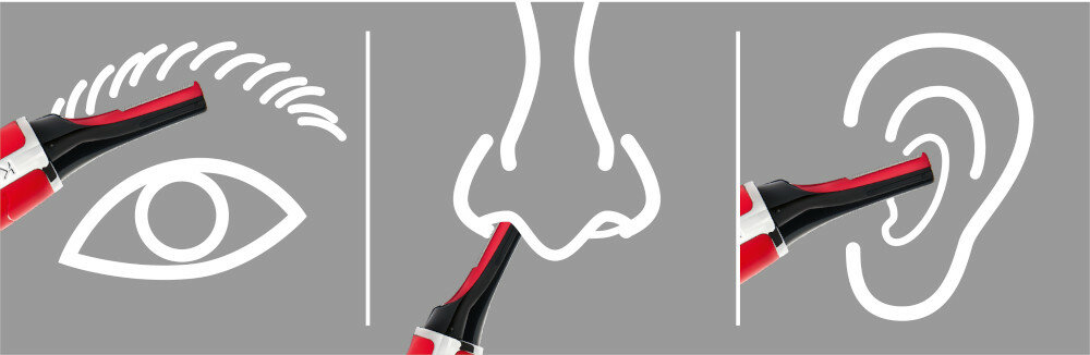 Schemat pielęgnacji brwi, nosa i ucha. Czerwony/czarny trymer.