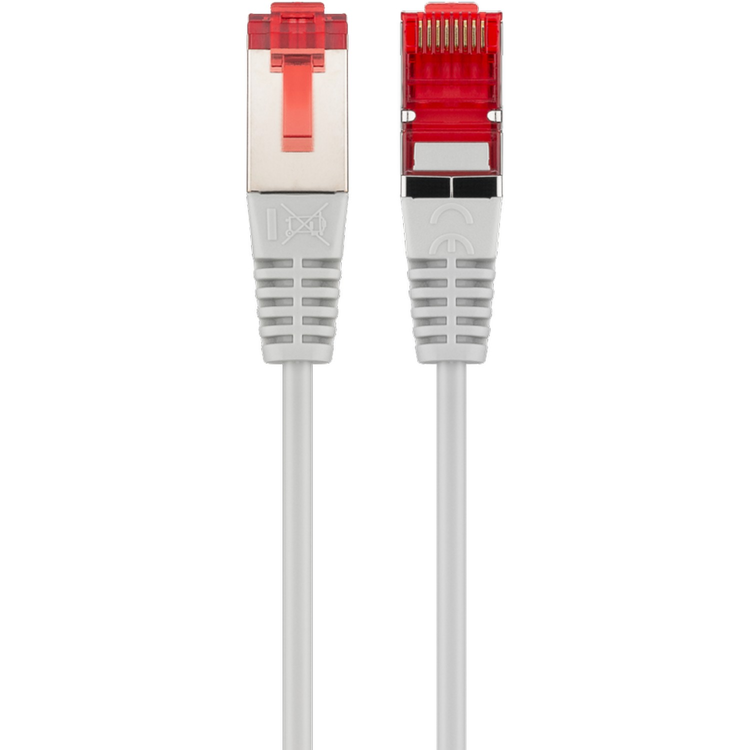 Two gray network cables with red connectors.