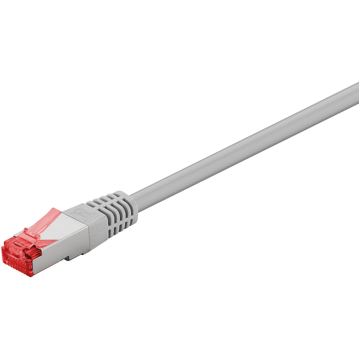 Gray Ethernet cable with a red connector at the end, on a white background.