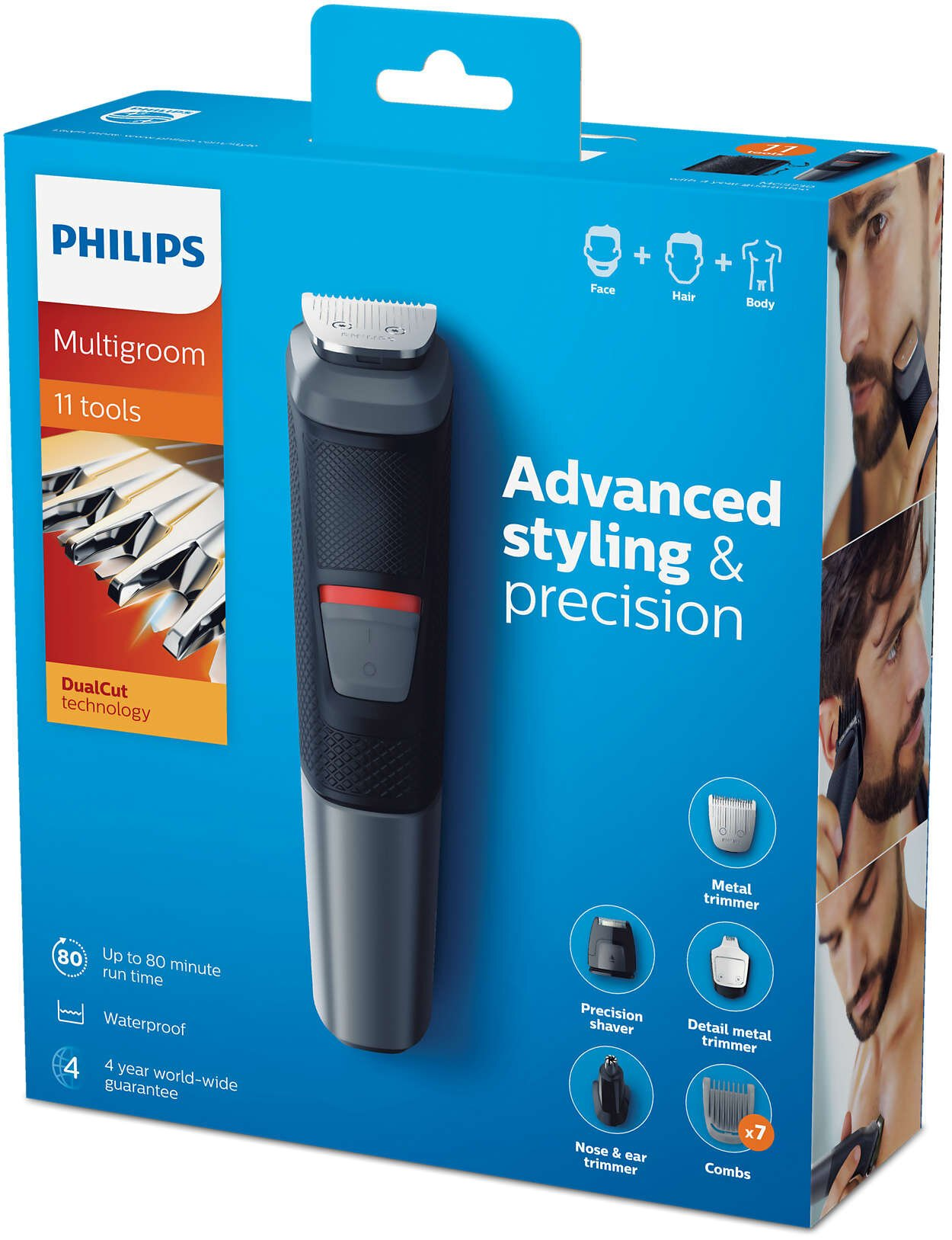 Niebieskie i białe pudełko z trymerem Philips Multigroom. Pudełko przedstawia trymer i jego akcesoria.