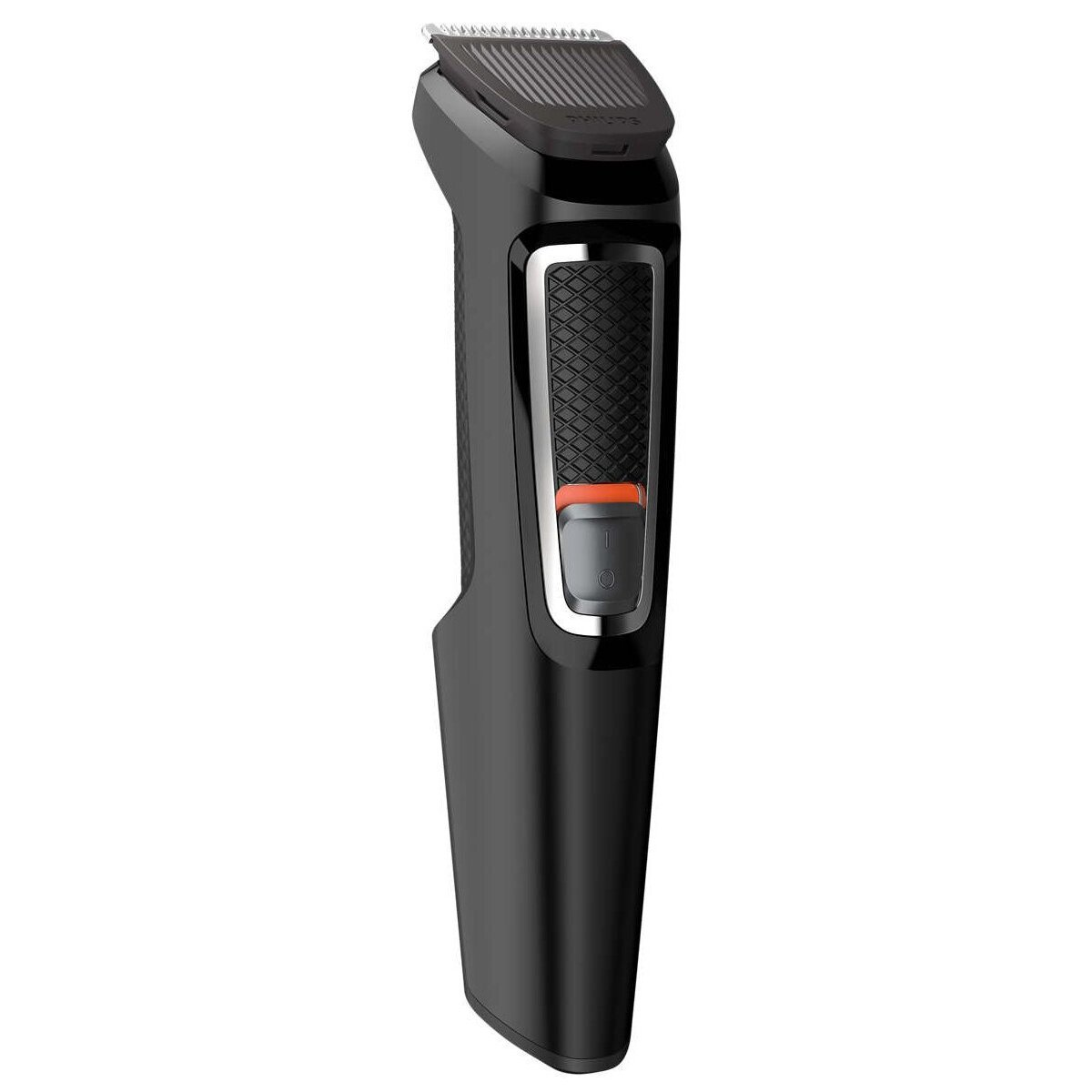 Czarny trymer Philips Multigroom, pod kątem, na białym tle.