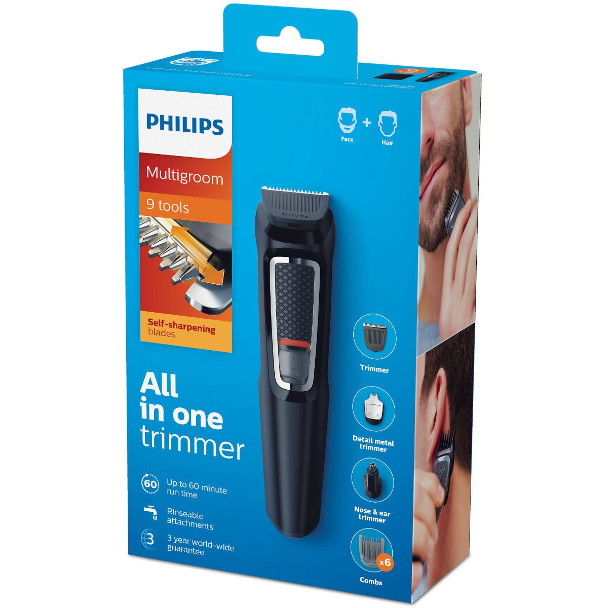 Pudełko trymera Philips Multigroom z nasadkami i zdjęciami jego użytkowania.