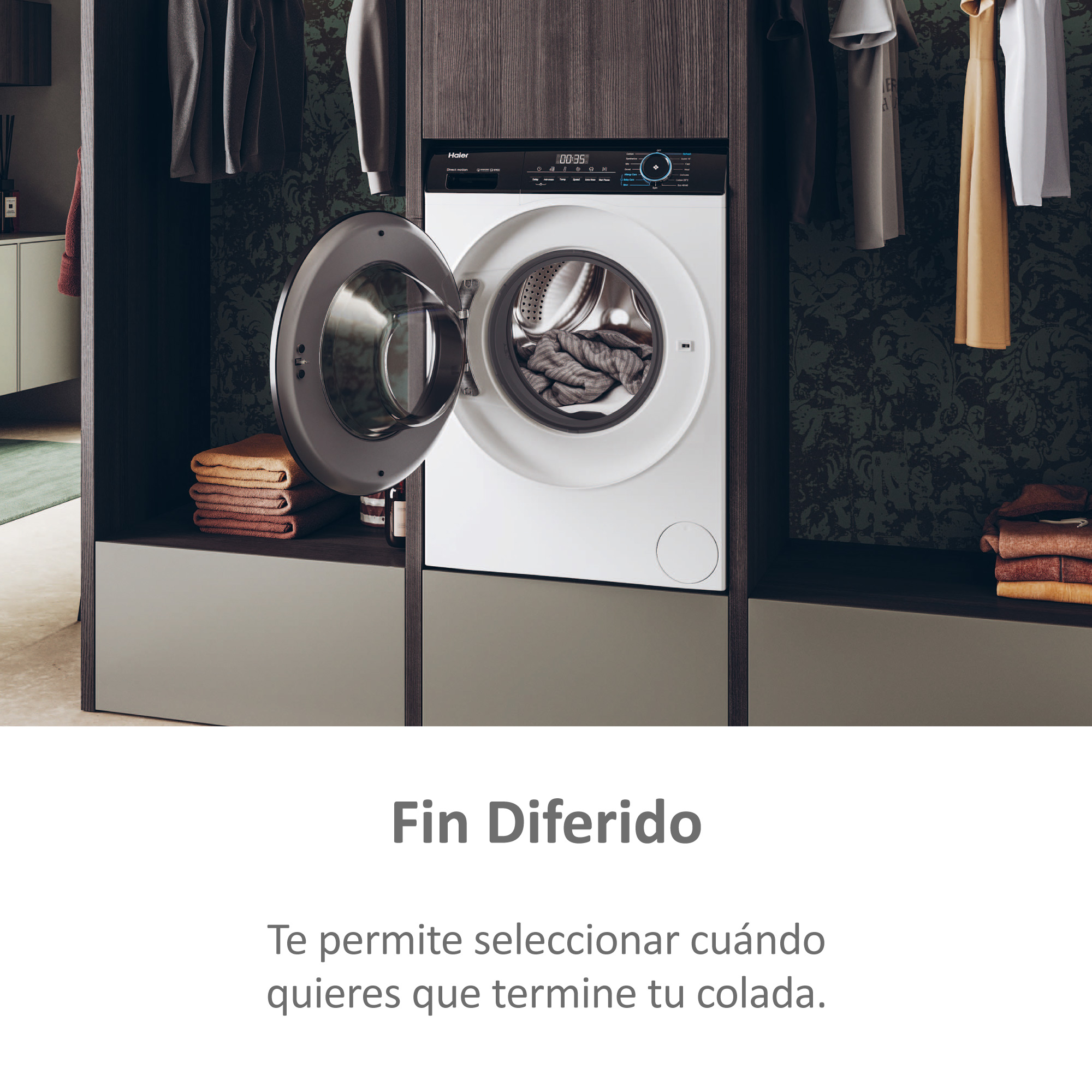 Lavadora con puerta abierta, ropa dentro. Texto: Fin Diferido, significa Fin Retrasado.