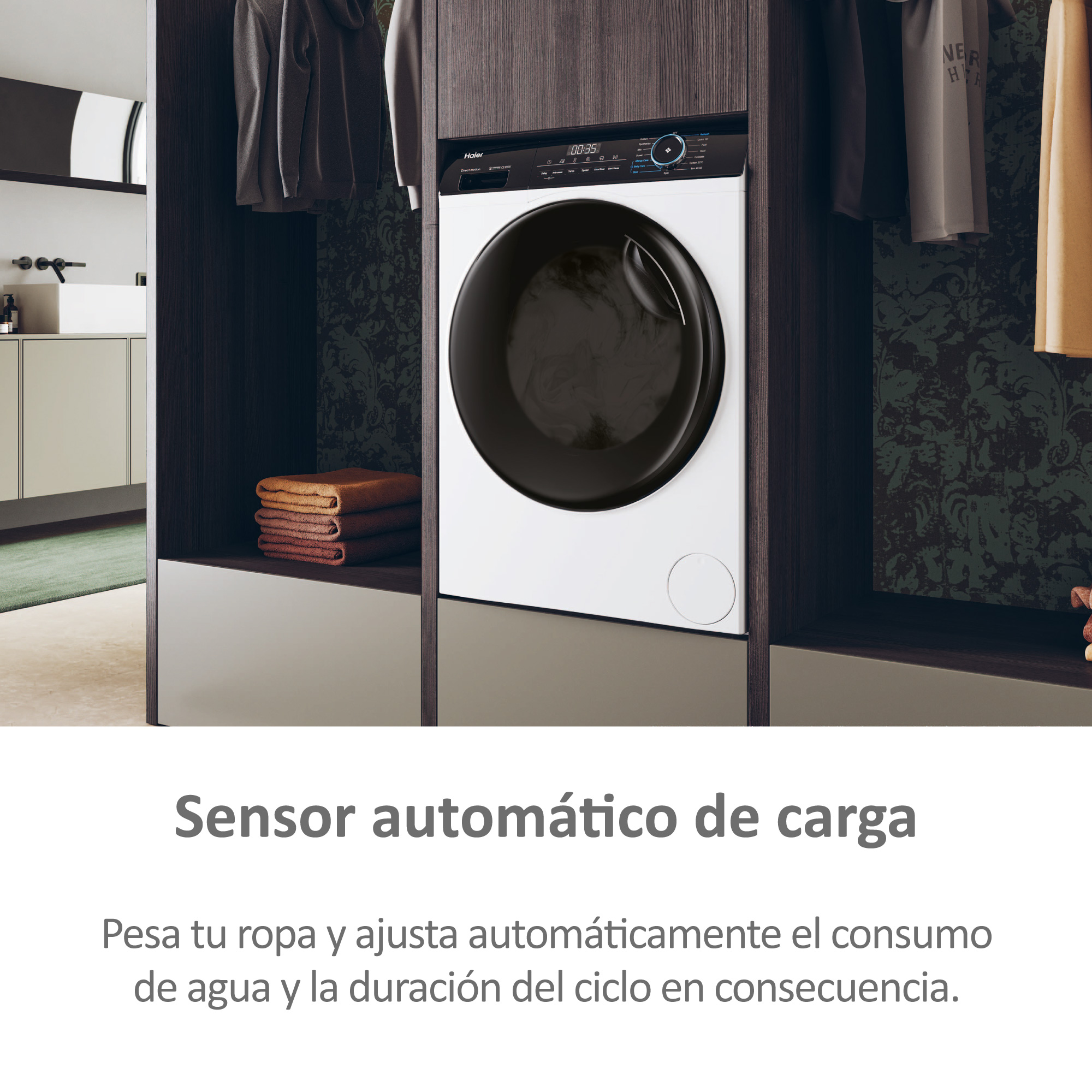 Una lavadora blanca está colocada en un armario oscuro. El texto en español es visible.