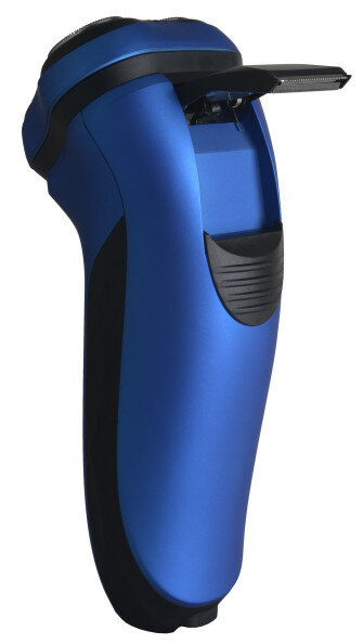 Niebieska golarka elektryczna z czarnymi akcentami, na białym tle.