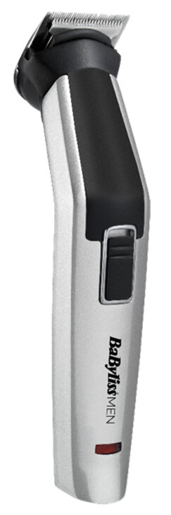 Srebrno-czarna maszynka do strzyżenia brody. Trymer pokazuje nazwę marki na obudowie.