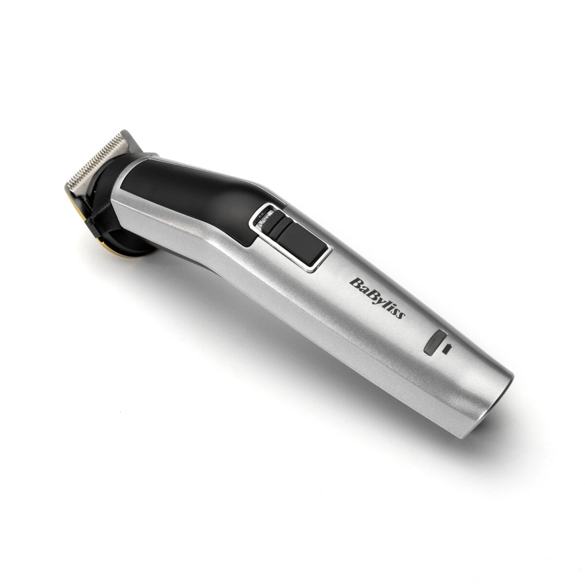 Srebrno-czarna maszynka do włosów z czarnym przyciskiem i marką 'BabyLiss'.