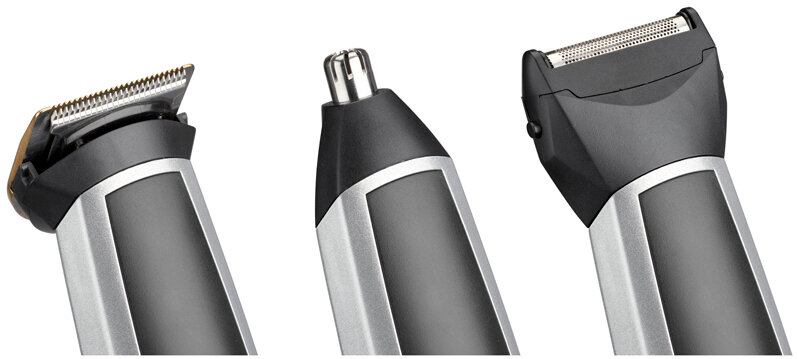 Trzy nasadki do pielęgnacji trymera. Każda ma inny kształt ostrza w kolorze czarnym i srebrnym.