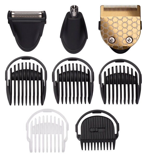 Różne głowice trymera i nasadki grzebieniowe, czarno-białe, na białym tle.