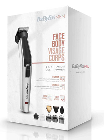 Pudełko trymera Babyliss Men pokazujące trymer i jego akcesoria. Pudełko jest biało-szare.